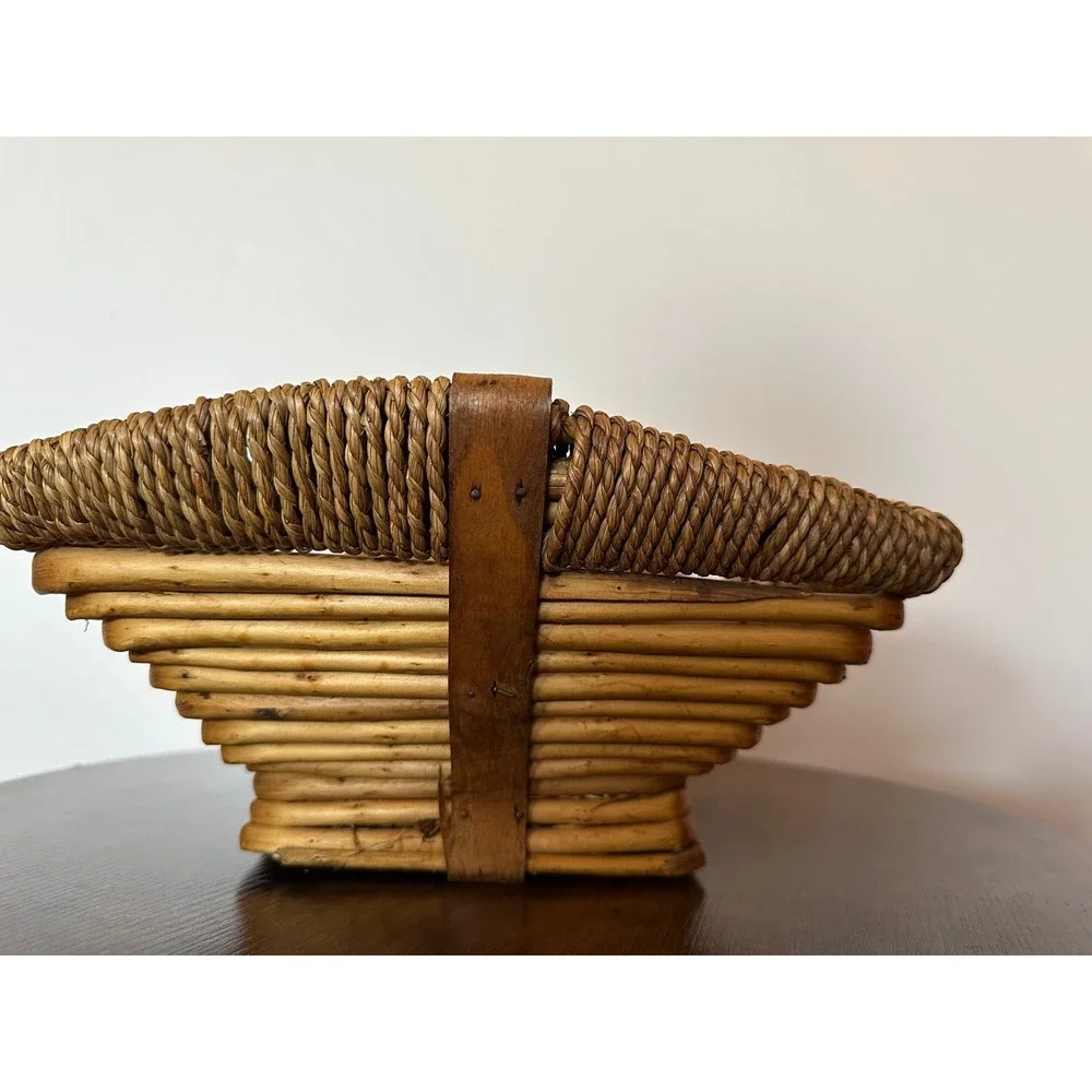 Vintage Tiered Wicker Basket Square Rattan Seagrass Rope Edge Boho Decor Bowl